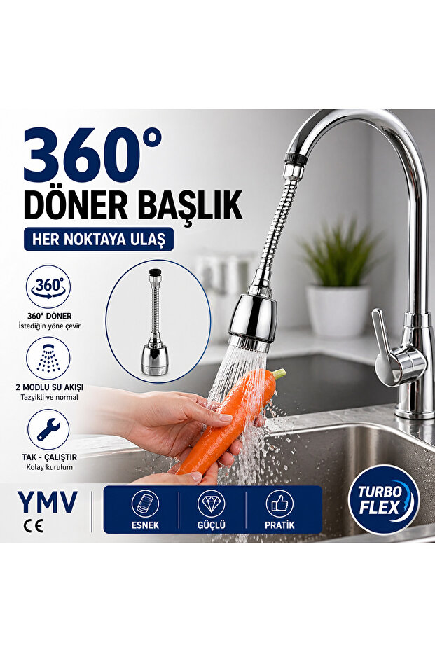 360 Degree Swivel Kitchen Faucet Head Flexible Turbo Flex Pressure-Saving 2-Function Sink Spout