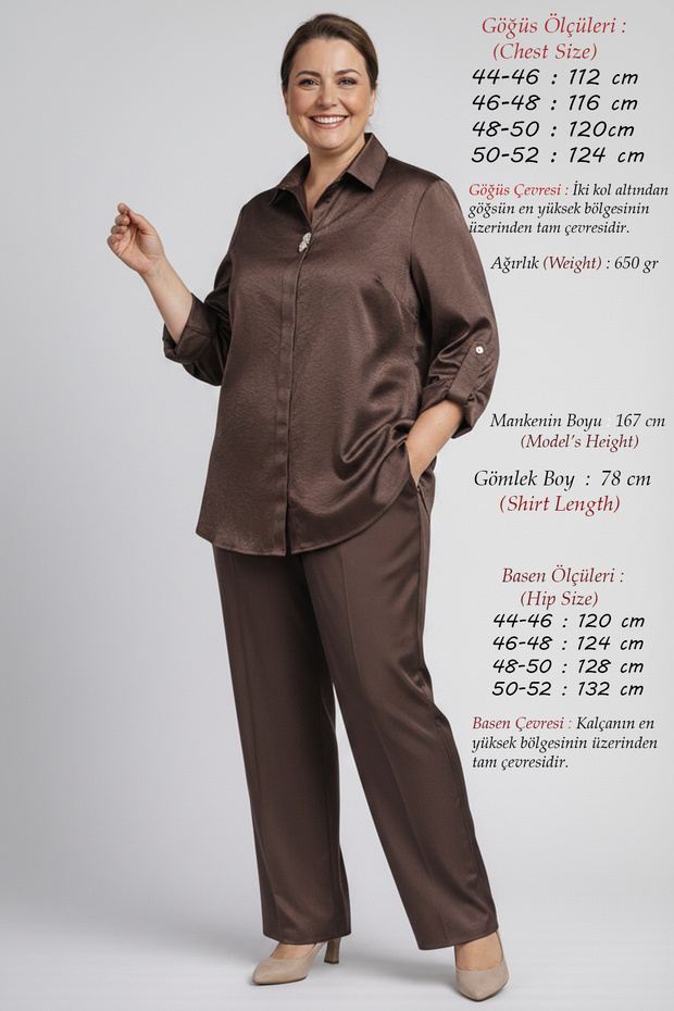 Women's Plus Size High Quality Satin 44-54 Size Range Comfortable Fit Shirt Pants Stylish Mother Two-Piece Set