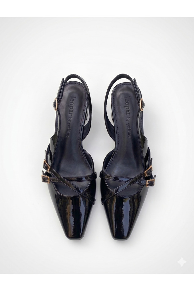 Veloura Stylish Black Patent Leather Slingback – Women's Shoes with Cross Straps and Low Heels