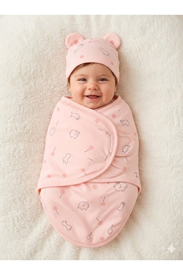 100% Cotton Swaddle Blanket with Hat, for 0-3 Months Baby, Velcro Fastener, Soft Breathable Combed Cotton Fabric