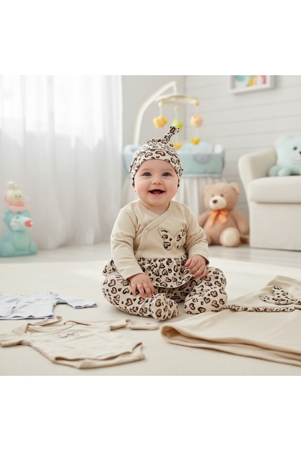 Baby Girl 0-3 Months Leopard Printed Butterfly Embroidered Hospital Release Zibin Set 100% Cotton