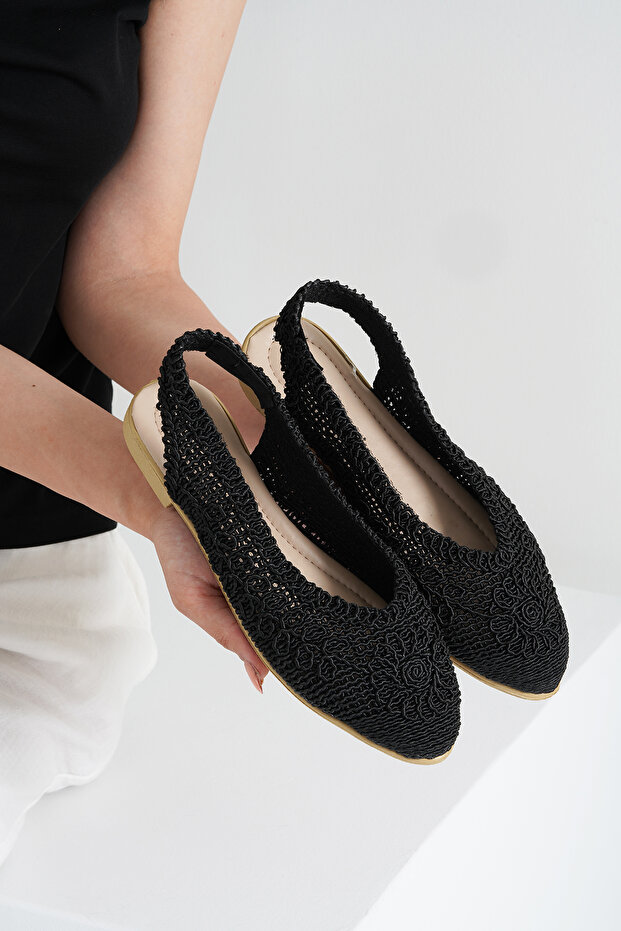 Women's Black Open-Back Embroidered Straw Knitwear Casual Ballerinas Byndtrs01