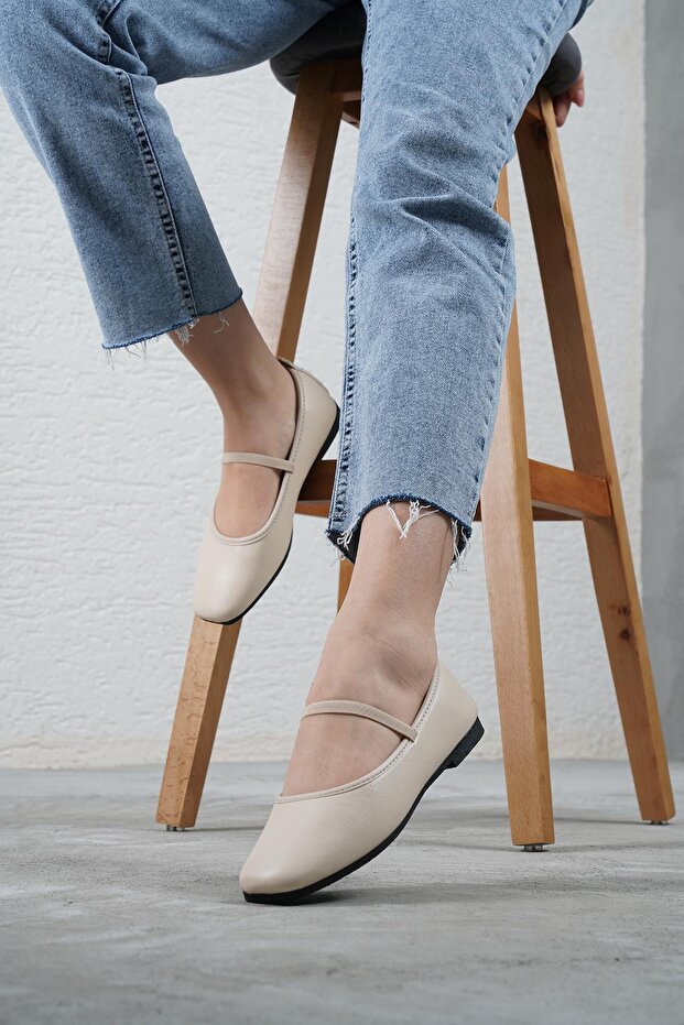 Women's Beige Leather Daily Elastic Low Heeled Comfortable Ballerinas Byndmrj01