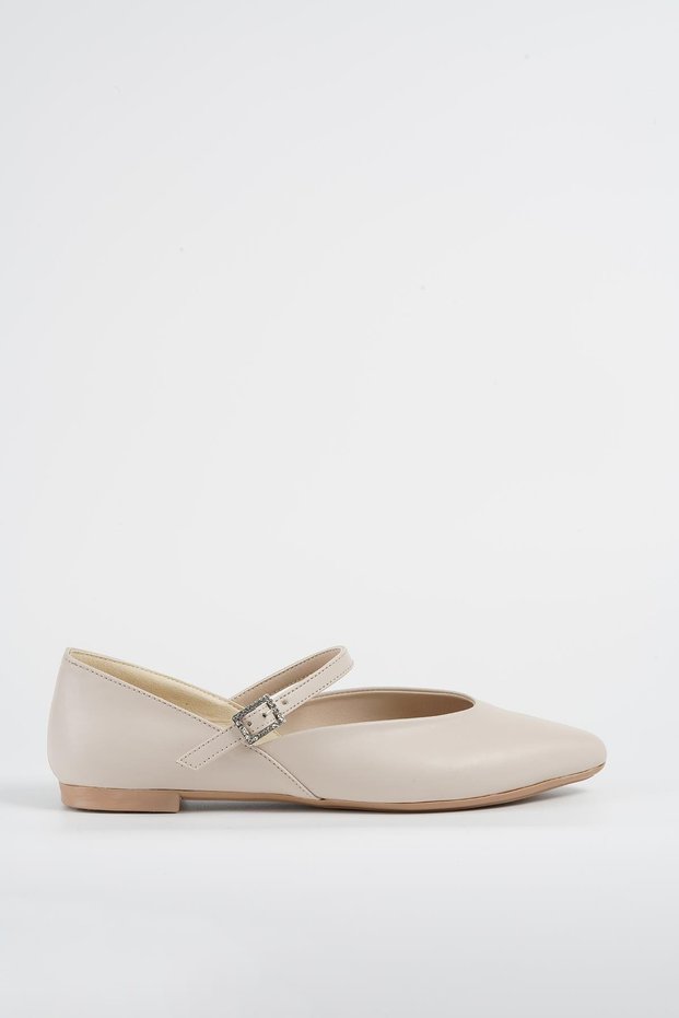 Women's Beige Patent Leather Buckle Single Strap Ballerina Shoes Byndglr01