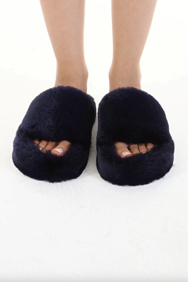 Women's Navy Blue Extra Soft Furry House Slippers 3cm Bynd01