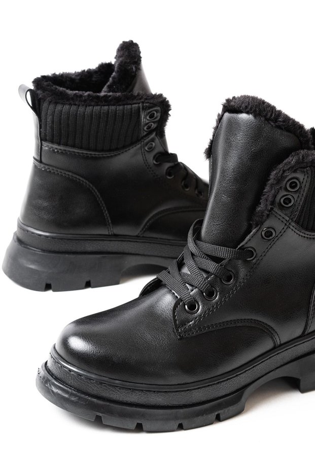 Asm-080 Black Lace-Up Daily Women's Boots