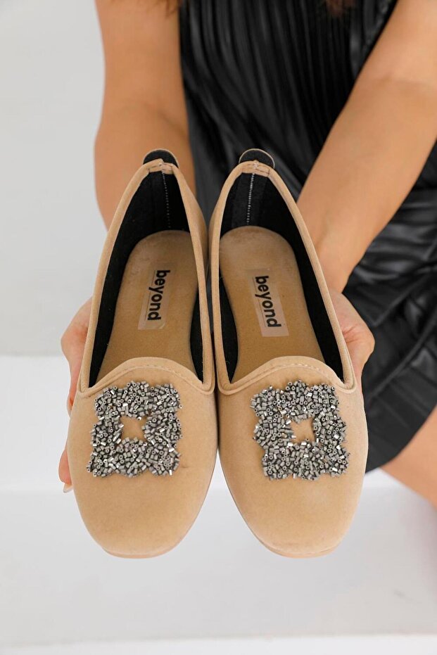 Women's Beige Cardif Square Buckle Velvet Home Slippers 1cm Byndshr03