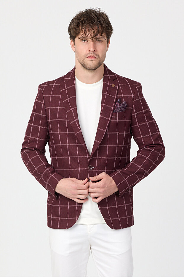 Virone Men's Burgundy Mono Collar Plaid Polyviscon Fabric Slim Fit Sports Blazer Jacket