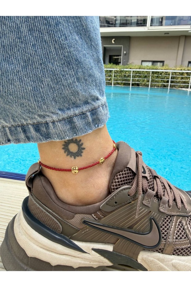 Hlh008 Red Beaded Gold Detail Anklet (20cm + 3 cm Extension)