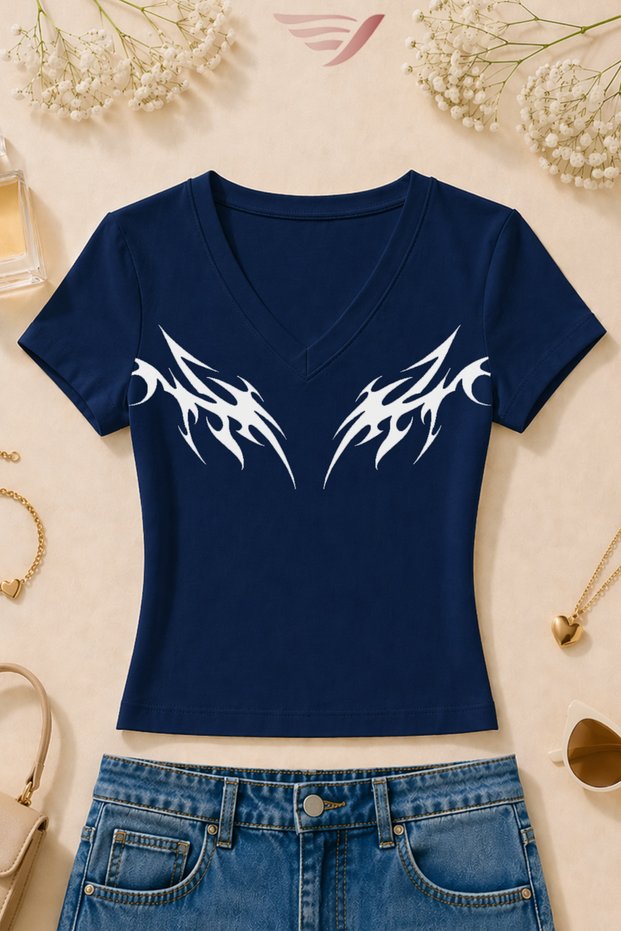 Women's Tribal Pattern Printed Basic Daily Use V-Neck Slim Fit T-Shirt