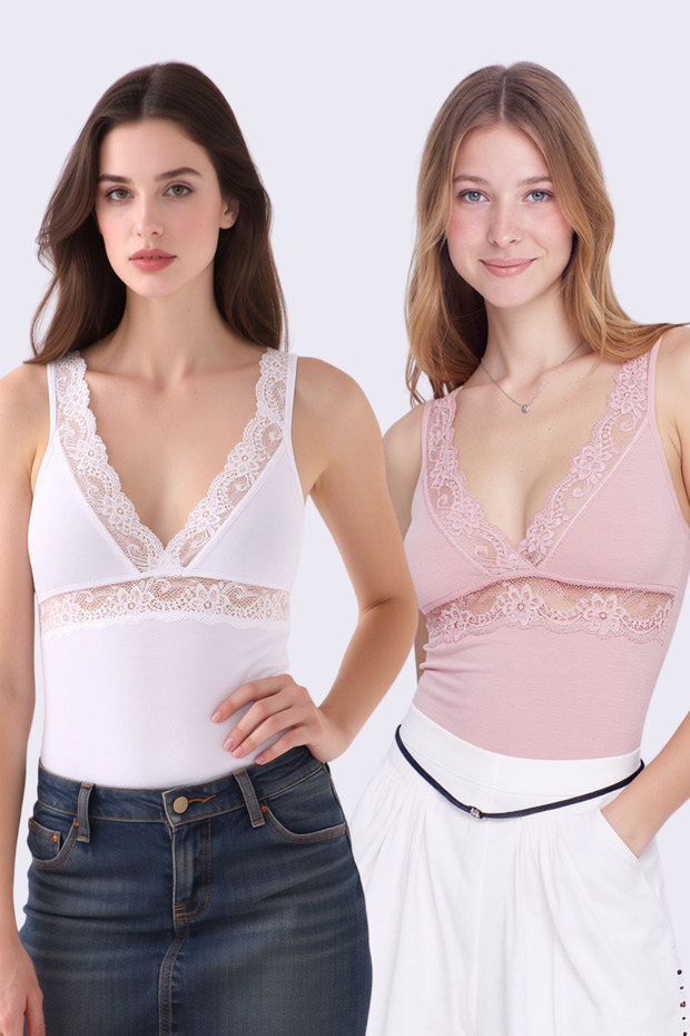 Women's 2-Piece Cotton & Modal Thick Strap Standard Size Undershirt - Lace Detail & Soft Texture