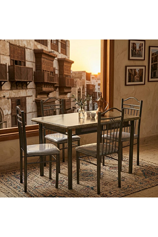 طاولة طعام حديثة مع 4 كراسي - طاولة مطبخ مع 4 كراسي بإطار معدني 120x75 سم