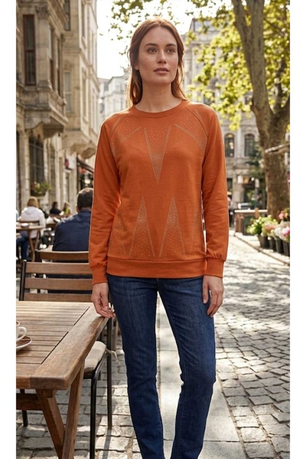 Front Stone Embroidered Orange Color Sleeves and Bottom Ribbed Sports Combed Cotton Blouse