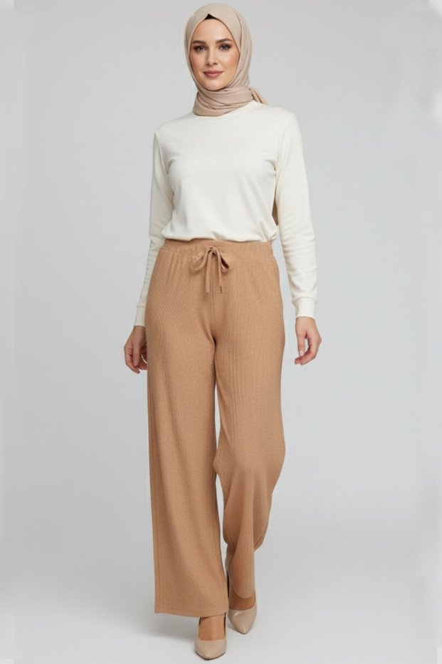 Women's Camel Elastic Waist Lace-Up Atlas Wide Leg Pants