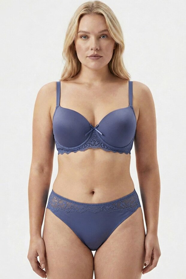 Women's Blue Lace Detailed Unpadded Bra Suit