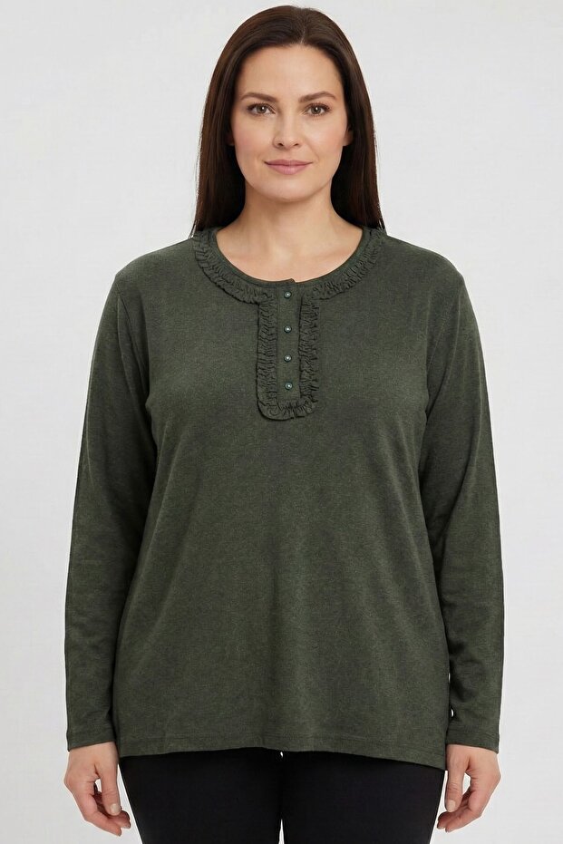 Women's Khaki Ruffle Detailed Buttoned Combed Cotton Blouse