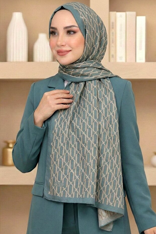 Women's Mint Geometric Pattern Organic Cotton Soft Shawl