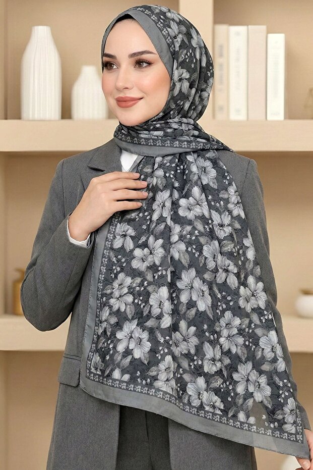 Women's Gray Floral Patterned Bamboo Crush Shawl