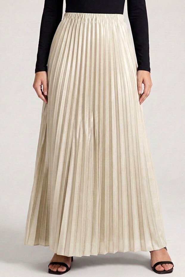 Women's Ecru Pleated Long Skirt with Elastic Waist