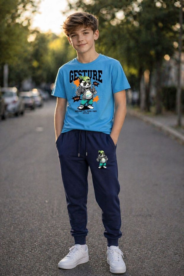 Armikids Boys' New Season Multi-Colored Printed T-Shirt with Ribbed -Elastic Bottom-Top Set