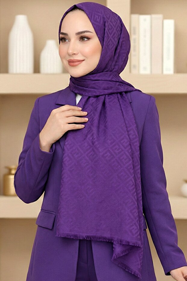 Women's Purple F Patterned Jacquard Cotton Shawl