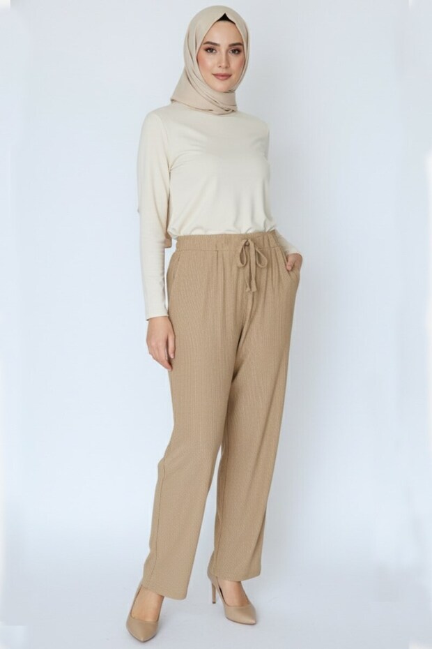 Women's Beige Elastic Waist Lace-Up Atlas Wide Leg Pants