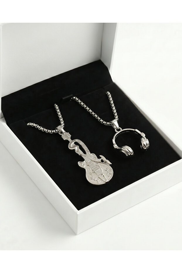 Silver Color Guitar & Headphone Men's Necklace Set