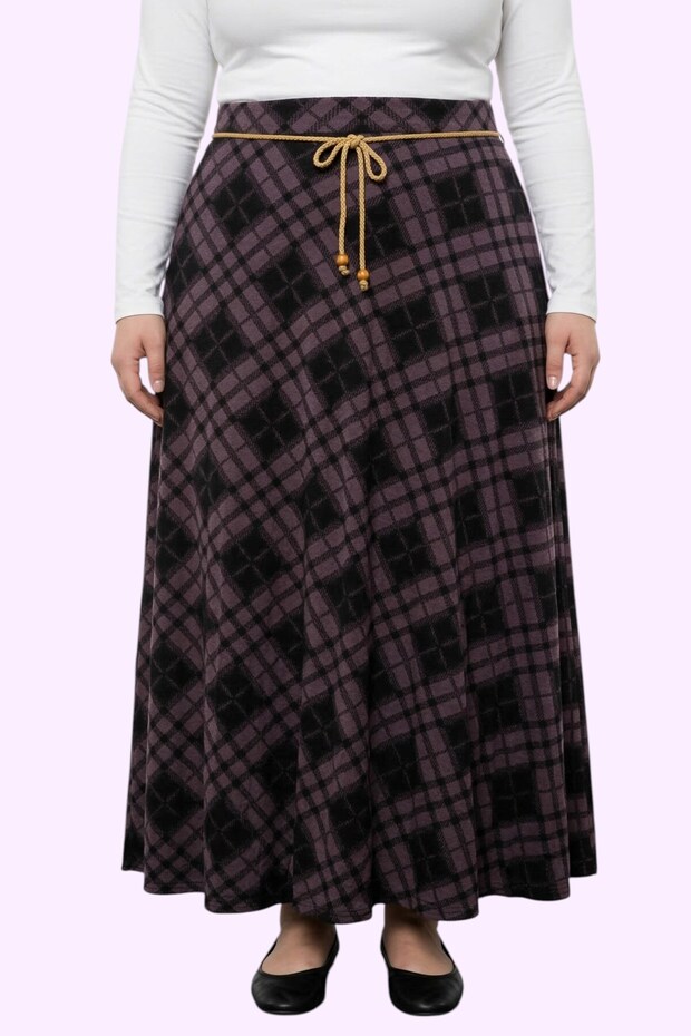 Women's Purple Plaid Patterned Combed Cotton Skirt with Straw Belt