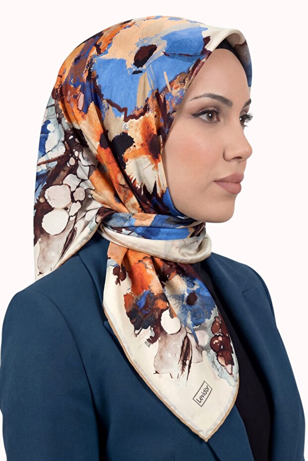 Women's Blue Beige Abstract Patterned Crystal Scarf