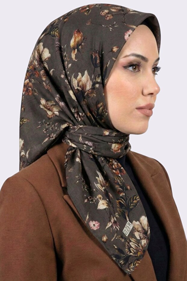 Women's Brown Floral Patterned Organic Cotton Soft Scarf