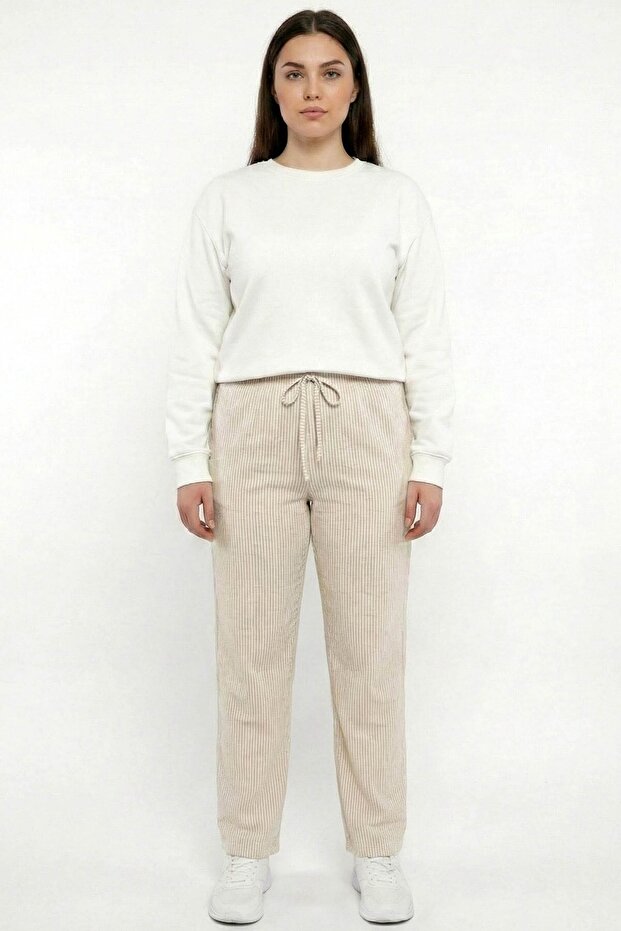 Women's Cream Waterway Striped Elastic Waist Pants