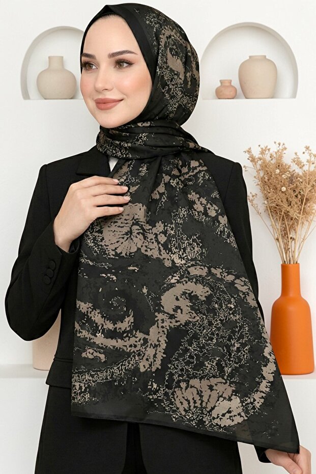 Women's Khaki Beige Abstract Patterned Organic Cotton Soft Shawl