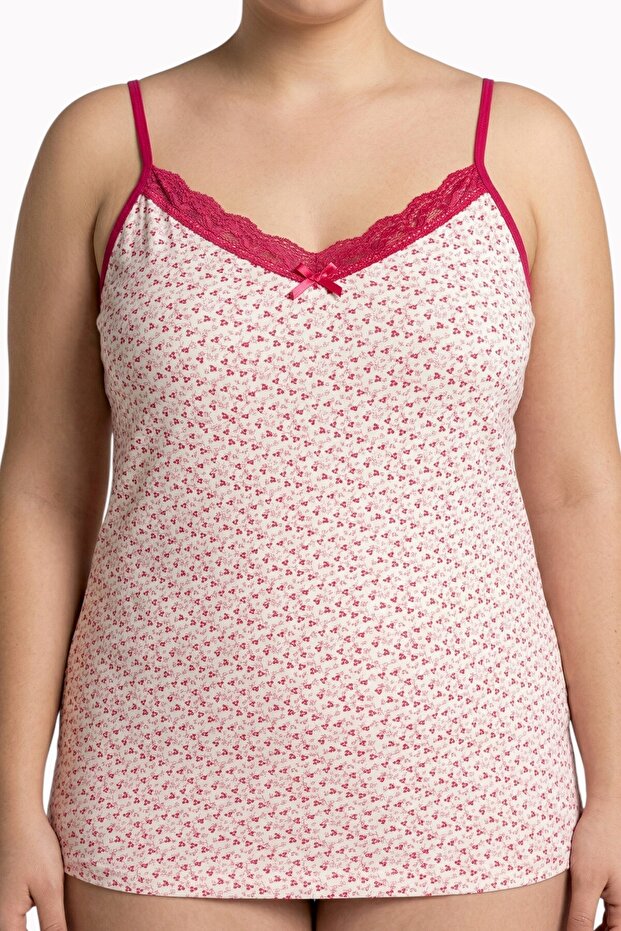 قميص داخلي نسائي من القطن الممشط بحزام من الدانتيل ونقشة زهور وردية
