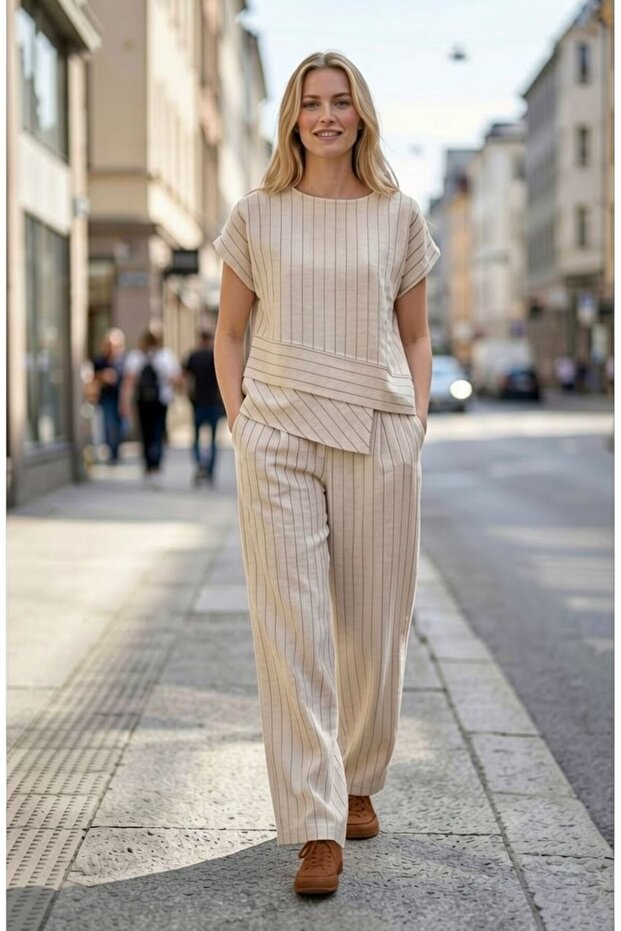Women's Striped Blouse Pants 2-Piece Linen Set