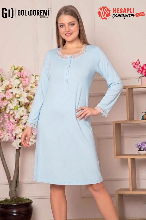 306 Women's Advantageous Lace Detailed Long Sleeve 100% Cotton Comfortable Fit Mother's Nightgown