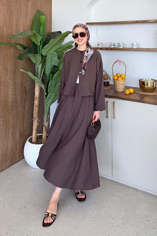 Dilan Linen Skirt Suit Brown