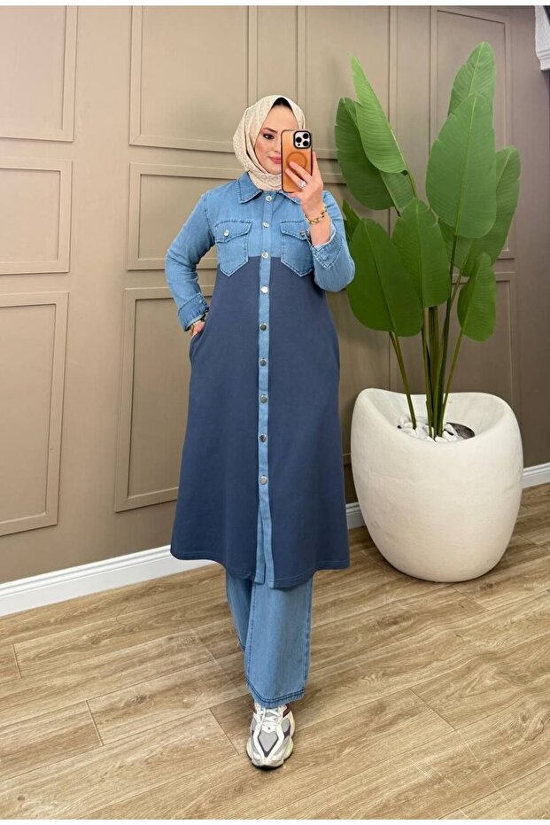 Women's 2-Piece Tunic Suit with Denim Pants Two Yarn Cotton Modern Design N-05511 _ Blue