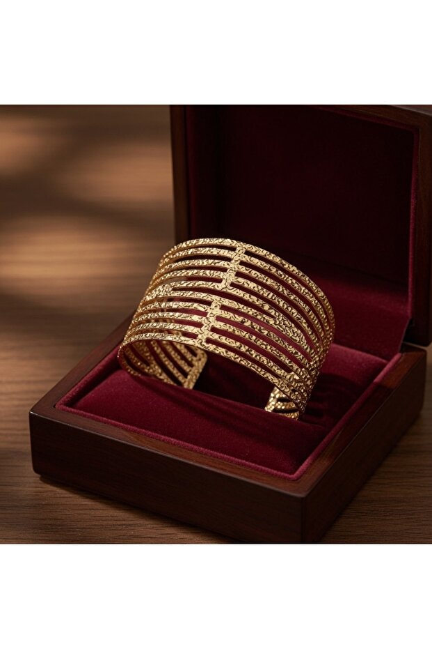 18K Gold Plated Stainless Steel Wide Multi-Row Cuff Bangle - Luxury Filigree Open Bracelet for Women
