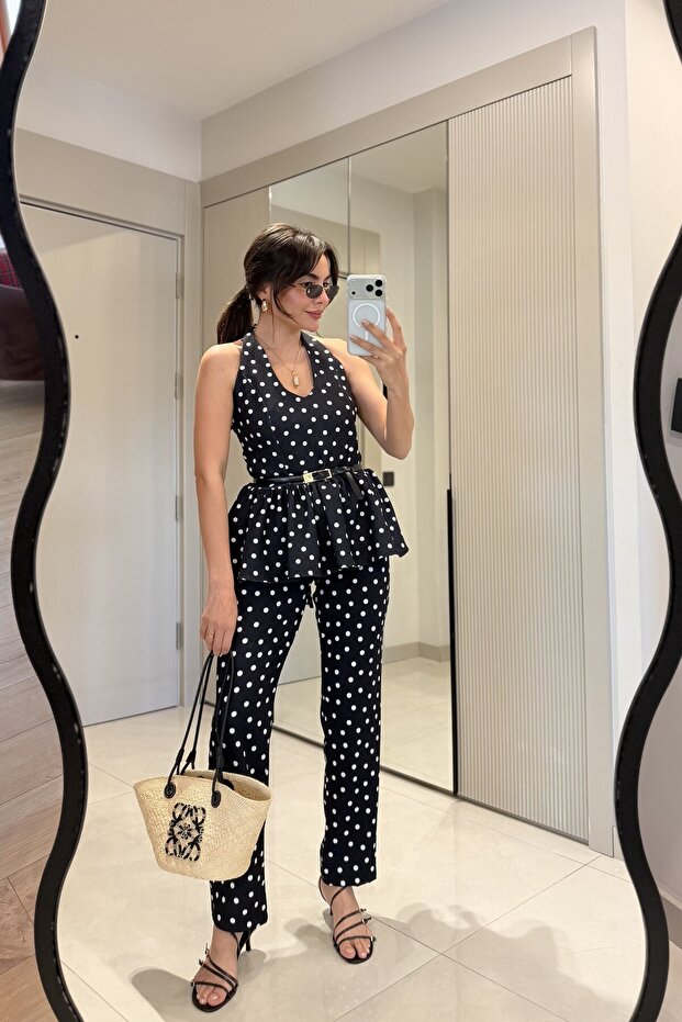 Lively Black Polka Dot Printed Flounce Set