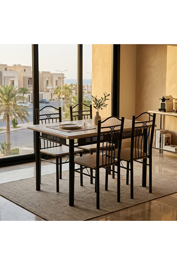 طاولة طعام حديثة مع 4 كراسي - طاولة مطبخ مع 4 كراسي بإطار معدني 120x75 سم