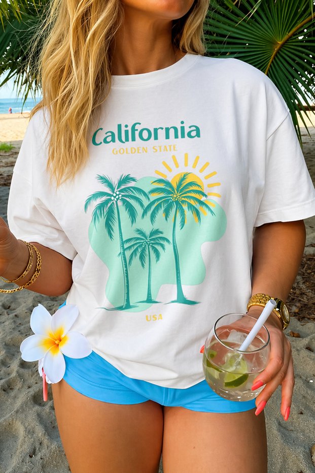 Women's California Printed Oversize Comfortable Daily Use Combed Cotton T-Shirt