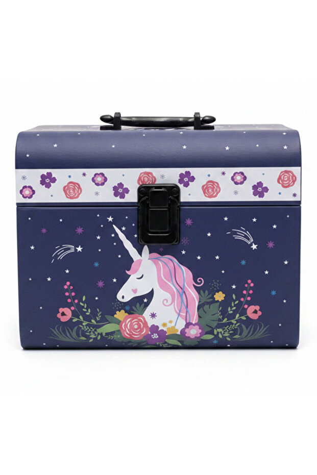 Large Navy Blue Unicorn Printed Cardboard Gift Box with Handle for Event Favors, 21×16.5 cm