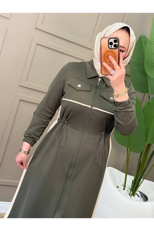 Women's 2-Piece Zippered Long Jacket Set with Two-Thread Cotton Casual Pants N-05510 _ Khaki