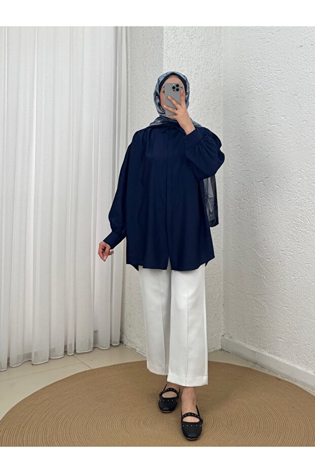 Strawberry Shoulder Gathered Hidden Placket Balloon Sleeve Shirt-Na769 Navy Blue