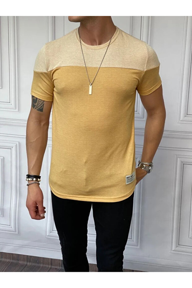 Double Color Piece Detailed Cotton Knitted Slimfit T-Shirt