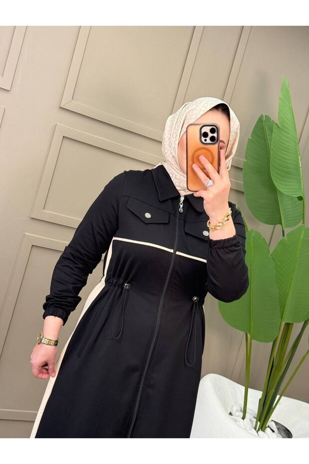 طقم سترة نسائية طويلة بسحّاب من قطعتين مع بنطلون قطني مريح n-05510 _ أسود