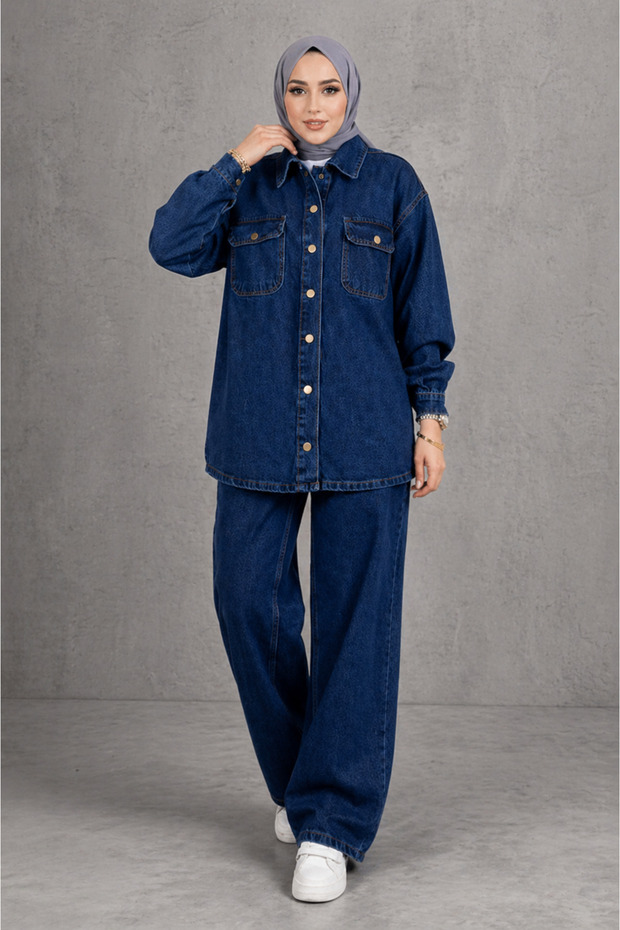 Women's Denim Set Oversized Shirt & Wide Leg Trousers Navy Blue