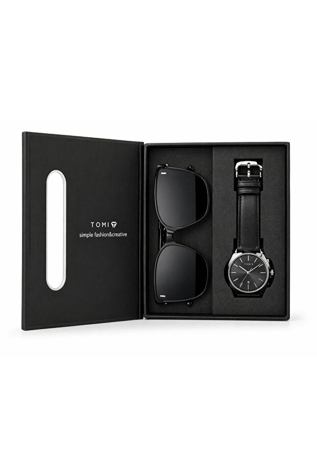 Urban Edge T085 Analog Watch with Sunglasses Gift Set for Men – Black Leather Strap, Gold Case, Premium Combo Box