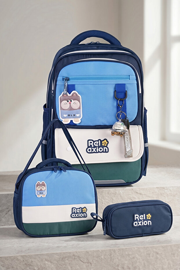 Relaxion 1816 Boys' Orthopedic Primary School Bag Set 3-Piece Navy Blue - with Accessories, Lunch Bag, and Pencil Case