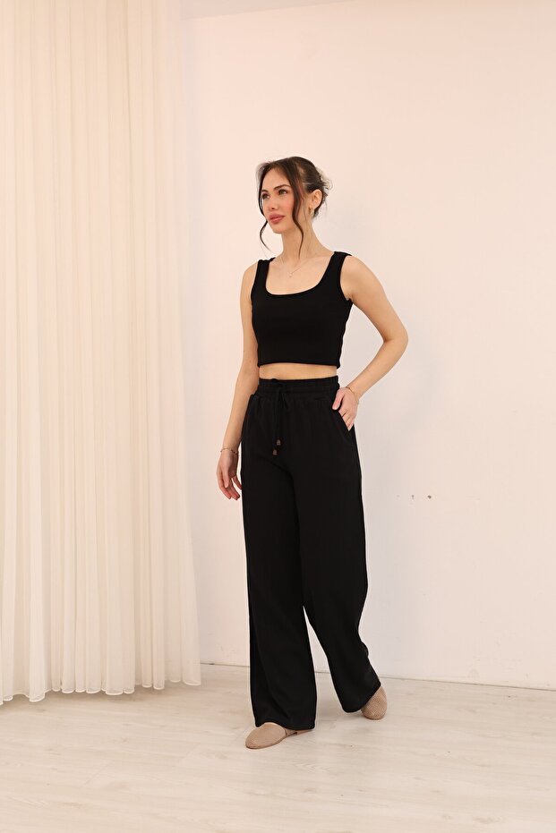 Lace-Up Elastic Waist High Waist Trousers Black